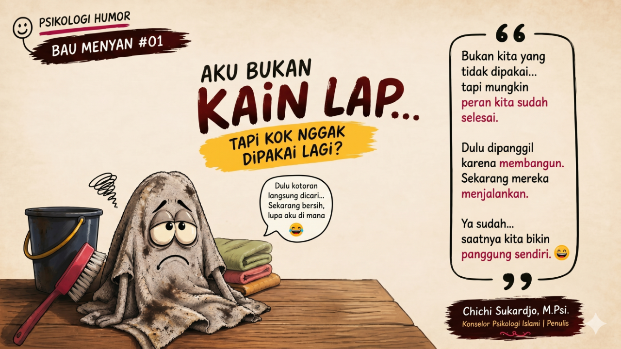 Ilustrasi kain lap kotor yang sedih dengan kutipan psikologi tentang peran yang sudah selesai dari Chichi Sukardjo